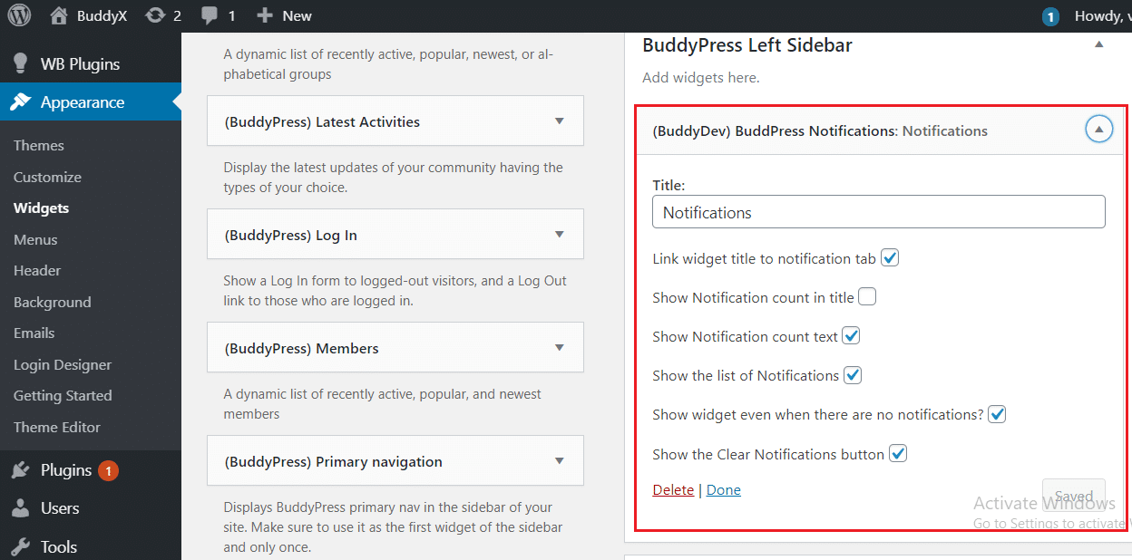buddypress notification widget option