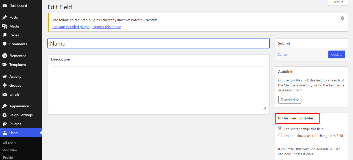 Buddypress Non-Editable Profile Fields rsetting