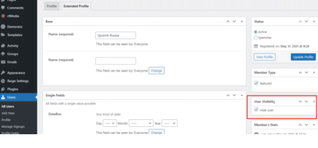 Admin can hide the User