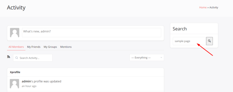 Frontend BuddyPress Search Activity Setting