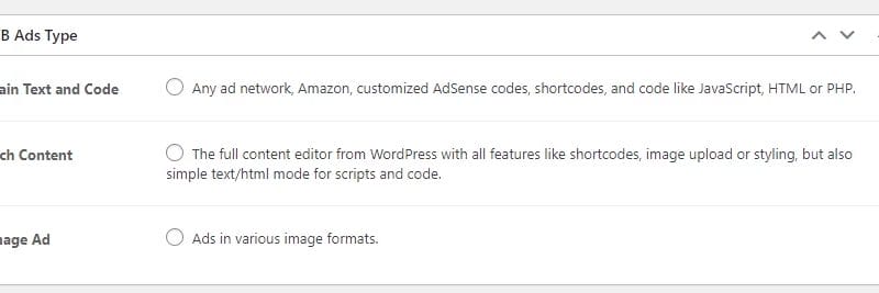 WB Ads Type Settings
