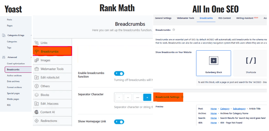 Yoast vs Rank Math vs AIOSEO: Breadcrumbs