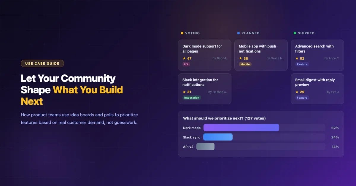 Product roadmap with idea voting, status tracking, and polls