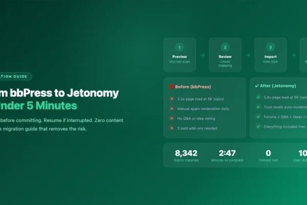 bbPress to Jetonomy migration - before and after comparison with import stats