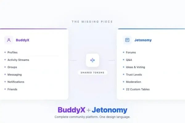 BuddyX community features plus Jetonomy forum features connected by shared design tokens