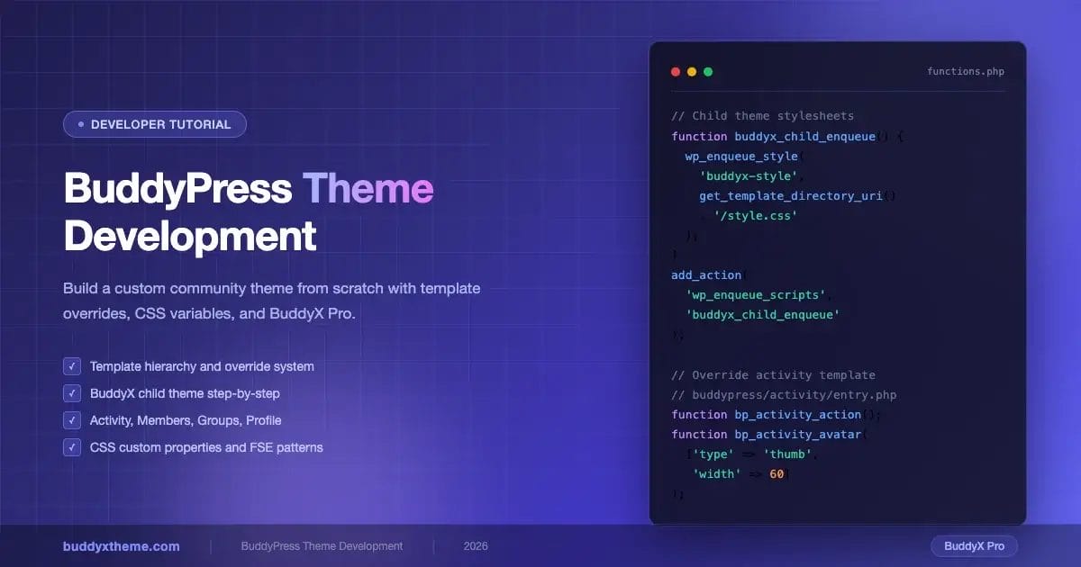 BuddyPress theme development tutorial - code editor showing child theme functions.php with purple developer aesthetic