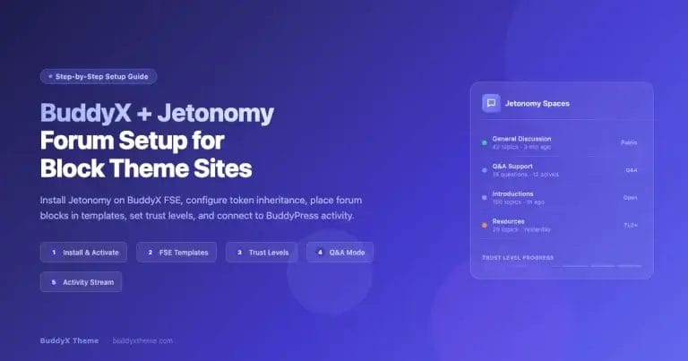 BuddyX and Jetonomy forum setup walkthrough for block theme sites showing forum spaces, trust levels, and Q&A mode