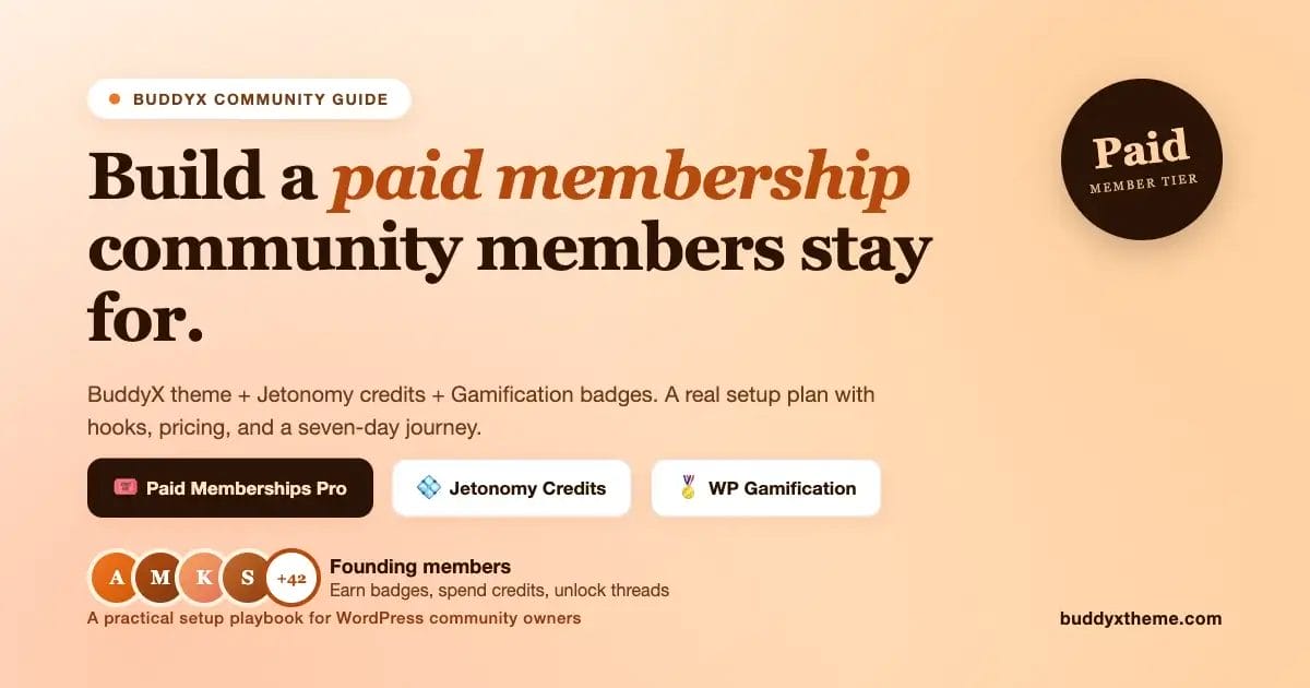 BuddyX community guide cover showing paid membership tiers, Jetonomy credits, and WP Gamification badges with founding member avatars