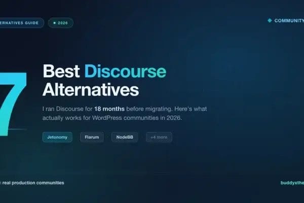 7 Best Discourse Alternatives 2026 dark teal hero featuring Jetonomy, Flarum, NodeBB and more community platform options