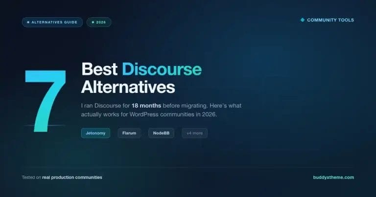 7 Best Discourse Alternatives 2026 dark teal hero featuring Jetonomy, Flarum, NodeBB and more community platform options