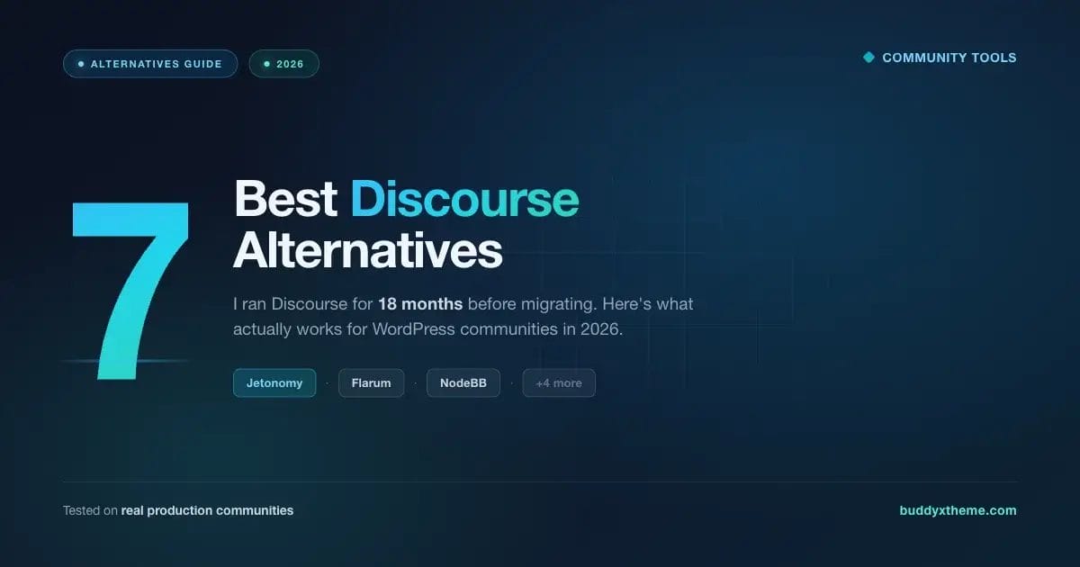7 Best Discourse Alternatives 2026 dark teal hero featuring Jetonomy, Flarum, NodeBB and more community platform options